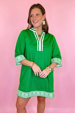 Embroidered Mini Dress Green and white