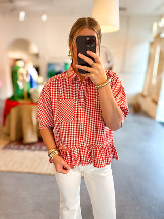 red gingham top