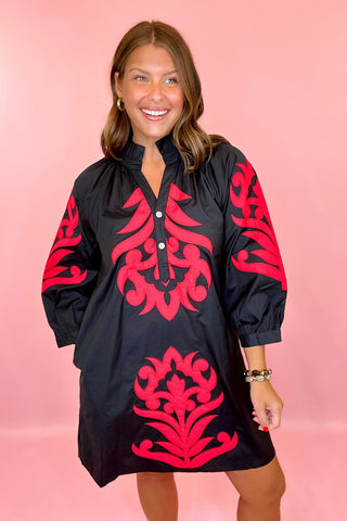 Always On My Mind Embroidered Mini Dress - Black/Crimson