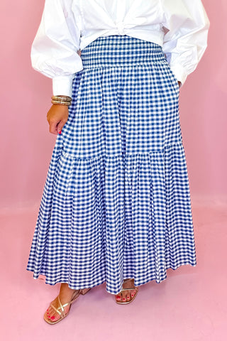 Adrienne: Aerin Seersucker Gingham Midi Skirt - Navy