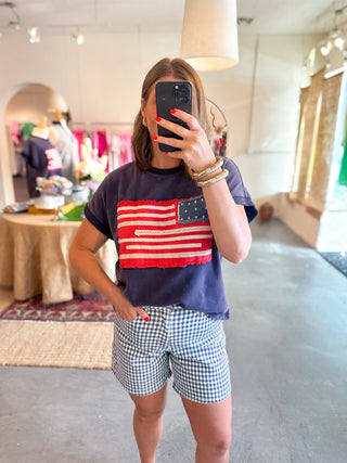Sophie Gingham Mom Shorts - Washed Navy