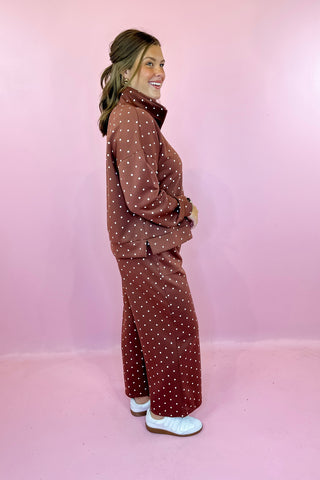 Polka Dot Half Zip Pullover & Wide Leg Pant Scuba Knit Set - Brown