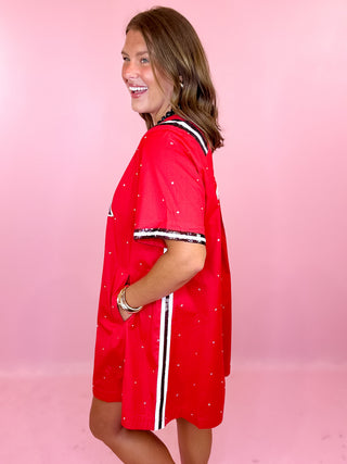 Queen Of Sparkles: Licensed UGA Cotton Scattered Jewel Sequin Mascot Jersey Short Sleeve Dress