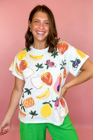 Queen Of Sparkles: Light Blue Multi Fruit Tee