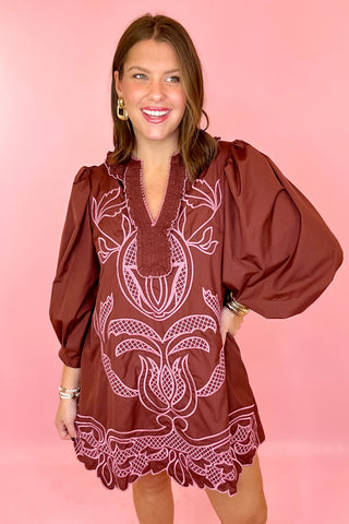 Nothing To It Embroidered Mini Dress - Chocolate
