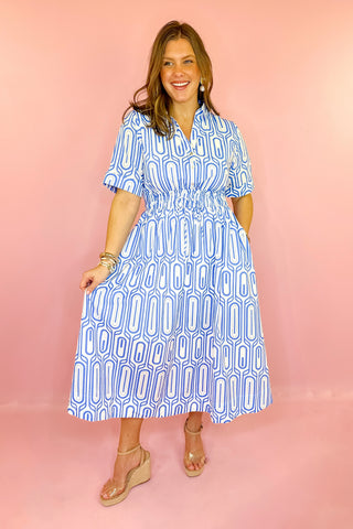 A Beautiful Becoming Geometric Midi Dress - Blue