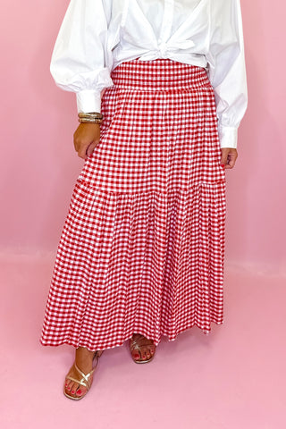 Adrienne: Aerin Seersucker Gingham Midi Skirt - Red