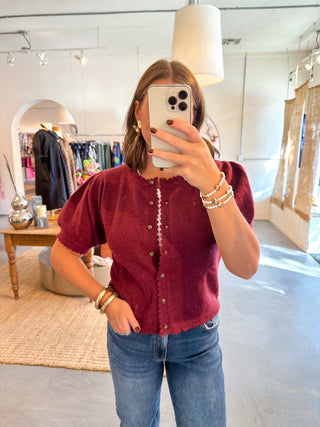 burgundy short sleeve cardigan