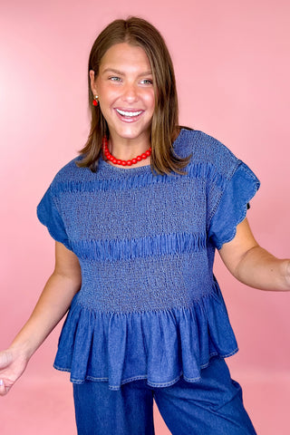 Darling Energy Smocked Chambray Top Denim
