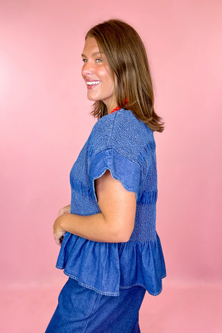 Darling Energy Smocked Chambray Top Denim