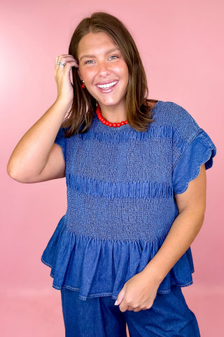 Darling Energy Smocked Chambray Top Denim