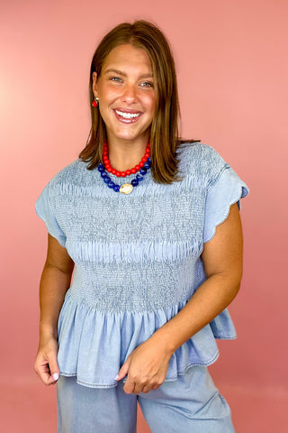 Darling Energy Smocked Chambray Top Light Denim