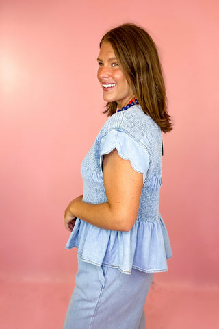 Darling Energy Smocked Chambray Top Light Denim