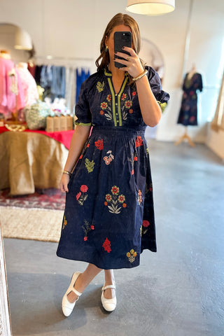 navy embroidered midi dress Navy Embroidered V Neck Midi Dress