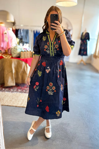 Floral Embroidered Midi Dress Navy