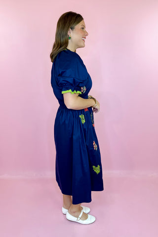 Floral Embroidered Midi Dress Navy