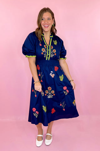 Floral Embroidered Midi Dress Navy