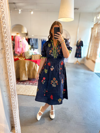 Floral Embroidered Midi Dress Navy