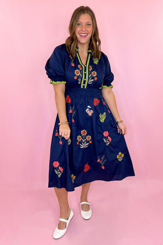 Floral Embroidered Midi Dress Navy