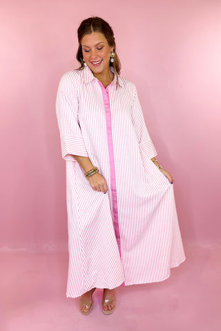 Oversized Striped Midi Dress Pink