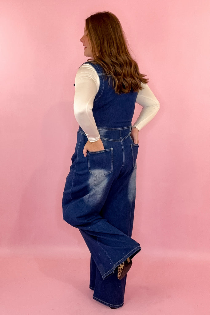 dark denim wide leg jumpsuit