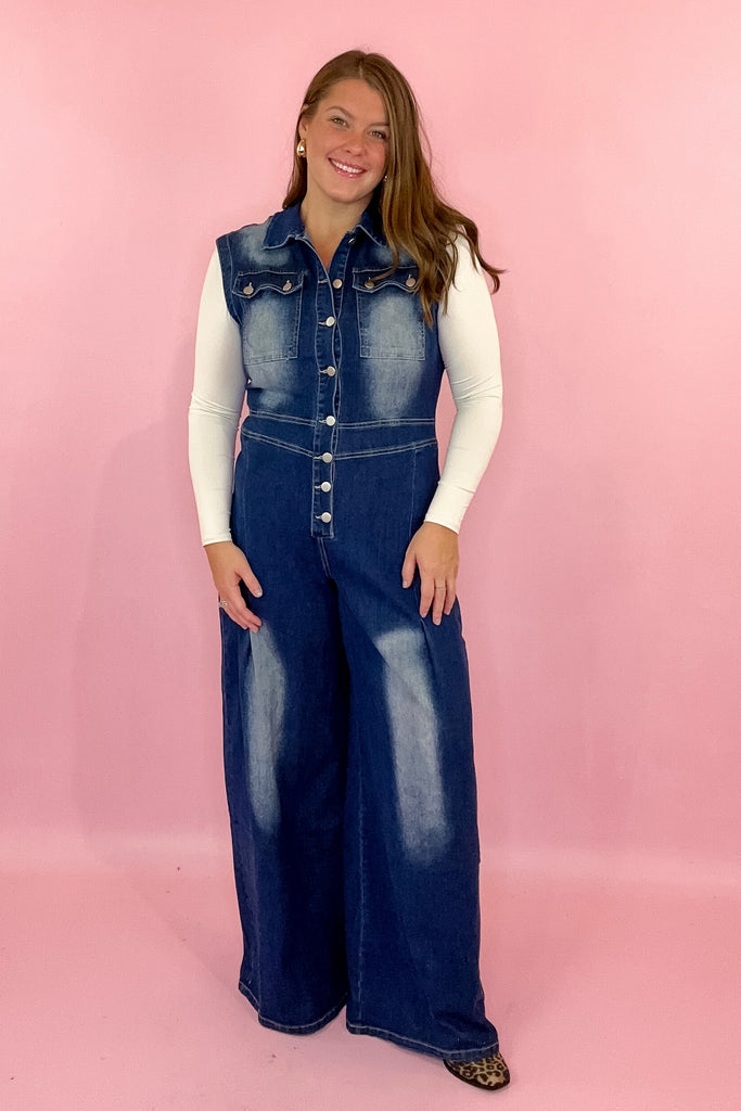 dark denim wide leg jumpsuit