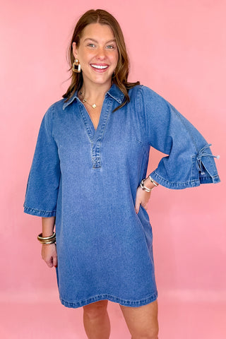 Denim bell sleeve dress casual grandmillennial coastal chic