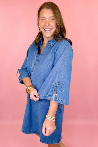 Denim bell sleeve dress casual grandmillennial coastal chic