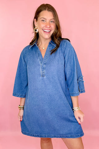 Denim bell sleeve dress casual grandmillennial coastal chic