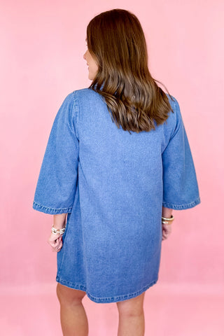 Denim bell sleeve dress casual grandmillennial coastal chic