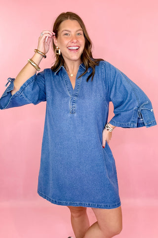 Denim bell sleeve dress casual grandmillennial coastal chic