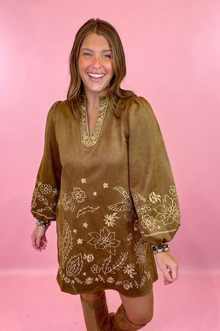 Suede Floral Mini Dress Camel