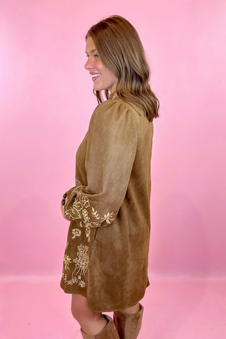 Suede Floral Mini Dress Camel