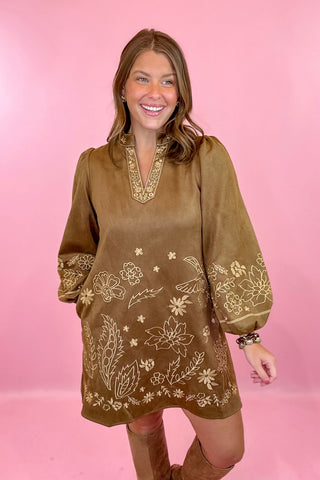 Suede Floral Mini Dress Camel