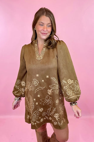 Suede Floral Mini Dress Camel