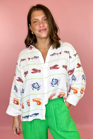 Queen Of Sparkles: Striped Seafood Gauze Button Up Top