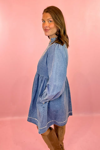 On The Move Embroidered Denim Mini Dress