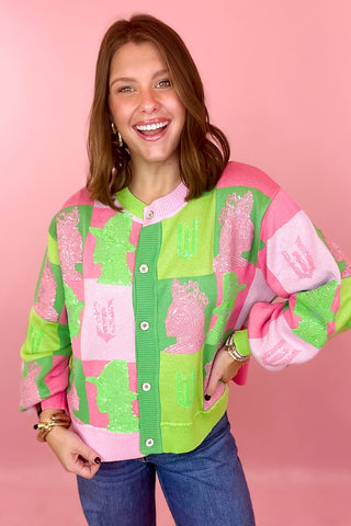 Queen Of Sparkles: Elphaba & Glinda Colorblock Profile Cardigan - Pink/Green