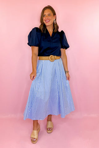 Effortlessly Refined Striped Midi Skirt - Blue