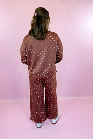 Polka Dot Half Zip Pullover & Wide Leg Pant Scuba Knit Set - Brown