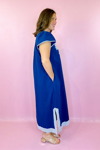Say It Again Embroidered Midi Dress - Navy