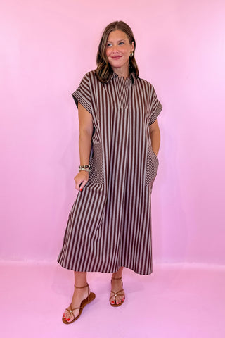 Drawn To You Striped Midi Dress - Brown