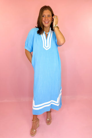 blue linen midi dress kaftan style