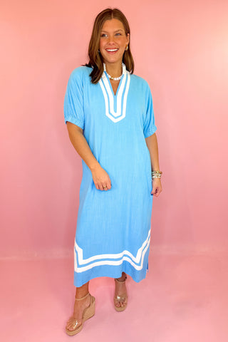 blue linen midi dress kaftan style
