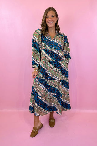 Easy Company Animal Print Midi Dress Teal Mix