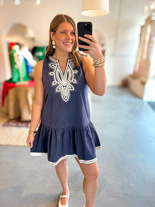 Embroidered Mini Dress Navy