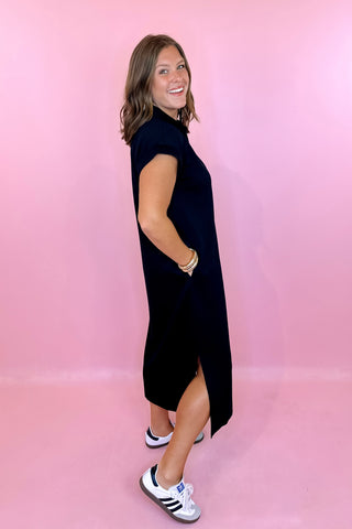 black scuba fabric casual midi dress