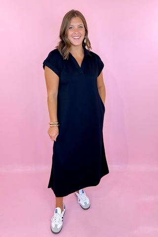 black scuba fabric casual midi dress