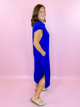 royal blue scuba fabric casual midi dress