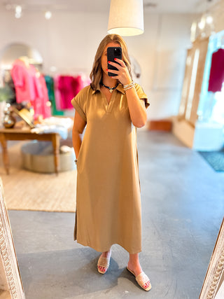 taupe oversized midi dress luxe fabric with pockets 